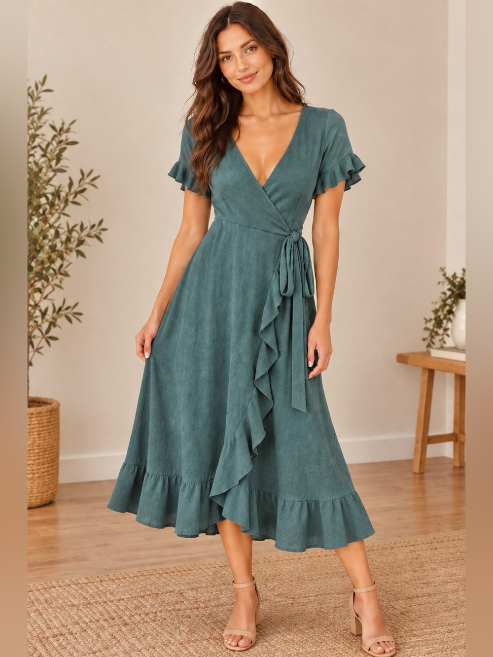 Emerald USA Wrap Dress Midi Ruffle Dusty Blue/Green V-Neck Stretchy Elegant NWOT